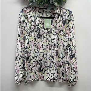 NWT H&M Ruffle Trimmed Tie Neck Floral Long Sleeve Semi Sheer Crepe Blouse XS